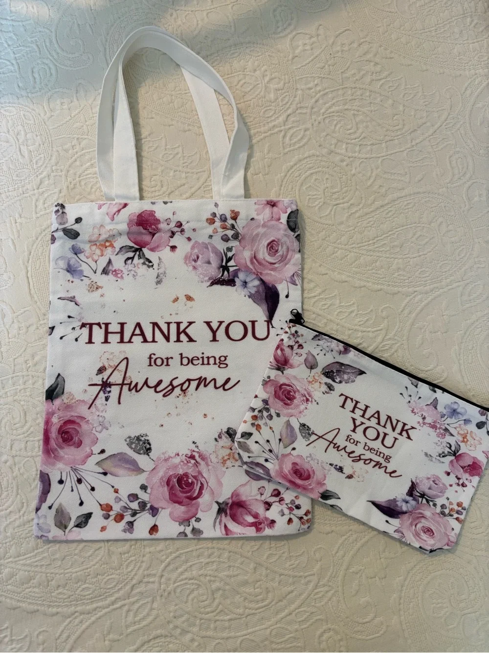 Thank You Floral Tote & Pouch Set - Pink
